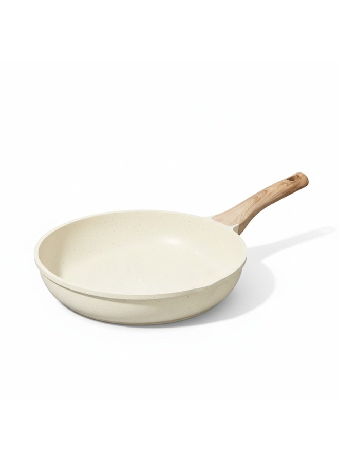 توب شيف طقم أدوات طهي وقدور ومقالي مطلية بالجرانيت بأسطح مانعة للالتصاق ومقابض خشبية وأغطية من الزجاج مزودة بالسيليكون المقوى وخالية من حمض بيرفلورو الأوكتانويك مكون من 10 قطع - لون بيج - Image 5